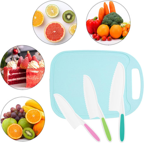 Kids Knife 4-Piece with Cutting Board - Toddler Knife Set Children's Cooking Nylon Knives - Serrated Edges and Firm Grip Suitable for Cutting Sala...