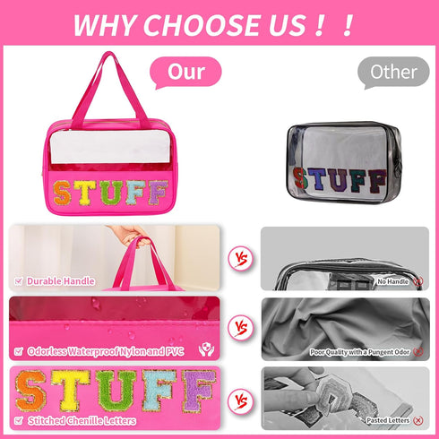 Chenille Letter Patch Clear Makeup Bag, Preppy Nylon Makeup Bag with Handle and Zipper, Waterproof Large Clear Travel Toiletry Bag Storage Bag for...