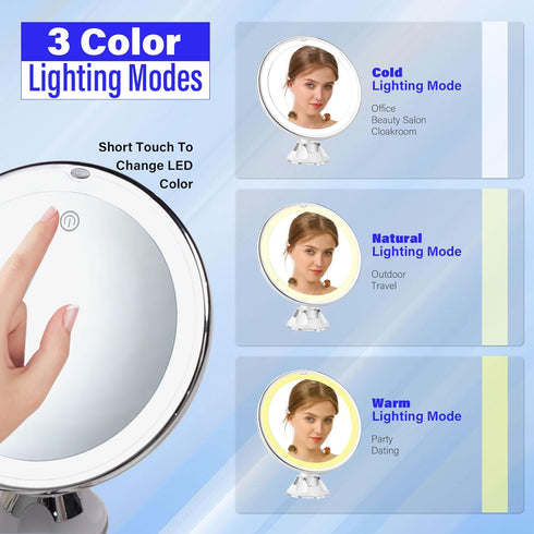 Snowflakes 10x Magnifying Lighted Makeup Mirror with Lights, Suction Cups, and 360° Swivel – Touch Control, 3 Light Modes – Ideal for Home, Bathro...