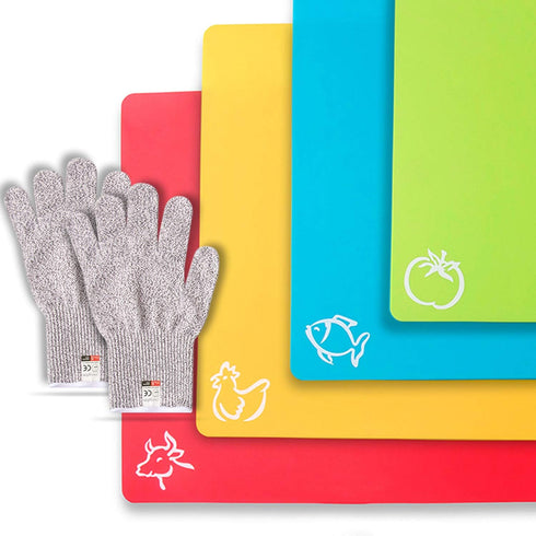 Durable Plastic Cutting Board Set, Chopping Board Plastic, for Vegetable Meat or Cheese | Dishwasher Safe | Pair of MD Protective Gloves...