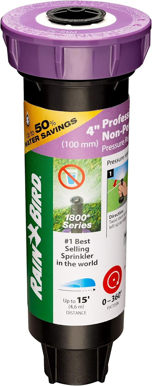 Rain Bird 1804NPPRS Pressure Regulating (PRS) Professional Non-Potable Water Pop-Up Sprinkler, Adjustable 0° to 360° Pattern, 8' - 15' Spray Dista...