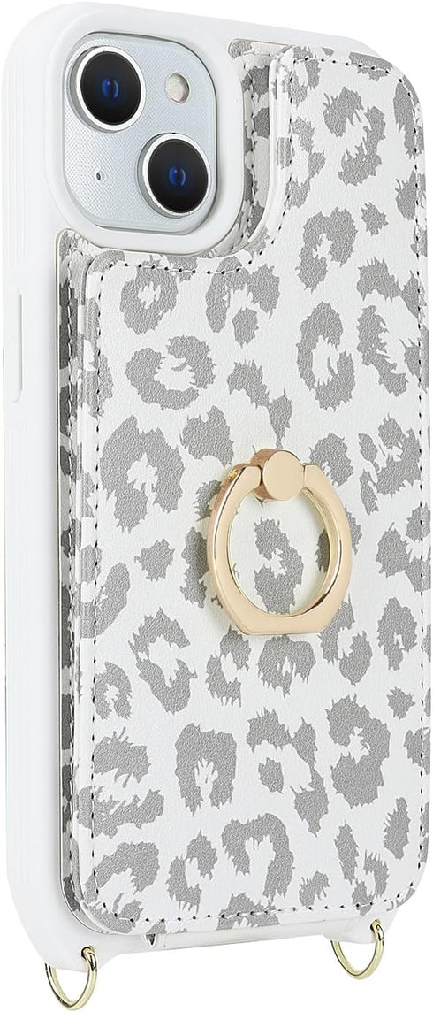 for iPhone 15 Case with Card Holder and Strap for Women,Crossbody Lanyard,Ring Stand,Snap Clasp,Cute Phone Wallet Cases 6.1 inch(White Leopard)......
