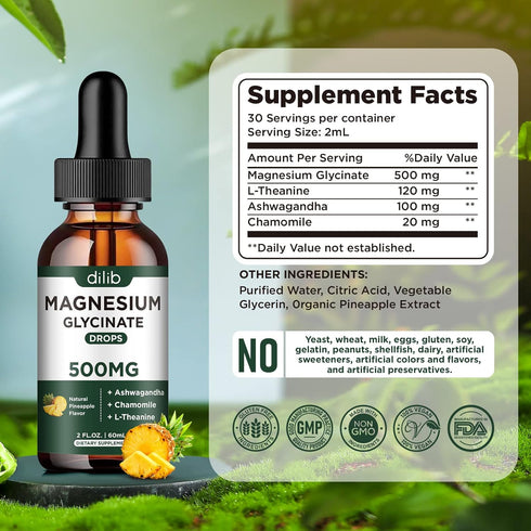 (2 Pack) Magnesium Glycinate Supplement, Magnesium Liquid Drops with Magnesium Glycinate 500mg Ashwagandha, L - Theanine, Chamomile -Supports Opti...