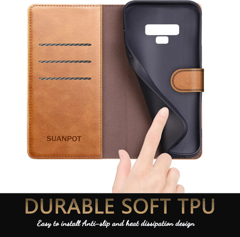 SUANPOT Galaxy Note 9 RFID Wallet Case - Leather Flip Folio, Credit Card Holder for Men & Women, Light Brown...