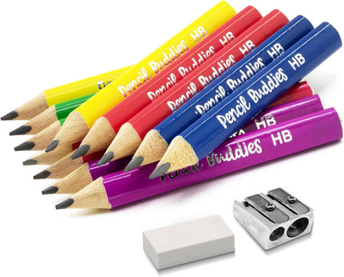 Short Jumbo Kids Pencils for Preschoolers, Kindergarten, Toddlers & Beginners - 12 Fat Pencils and 1 Sharpener & Eraser, HB Pencils, Triangle Grip...
