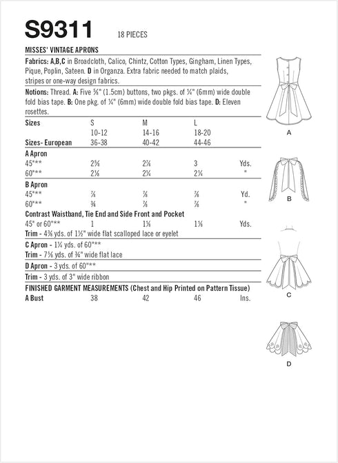 Simplicity Misses' Vintage Apron Packet, Code 9311 Sewing Pattern, Sizes S-L, White...