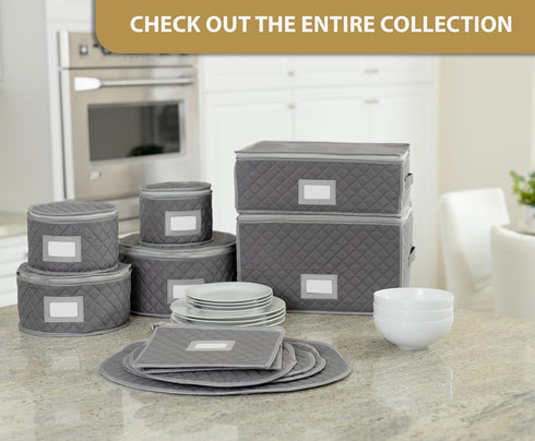 Stack Store Plus More China Storage Quilted Case for Dessert Plate, Bowls, Small Plate or Saucer - 8" W x 6" H - Gray - Includes 12 Felt Separator...
