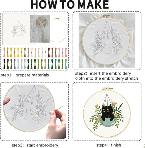 INFUNLY 4 Sets Embroidery kit with Cat Pattern Embroidery Kit for Beginners DIY Beginner Cat Embroidery Set Plant Cat Cross Stitch Kit for Adults ...