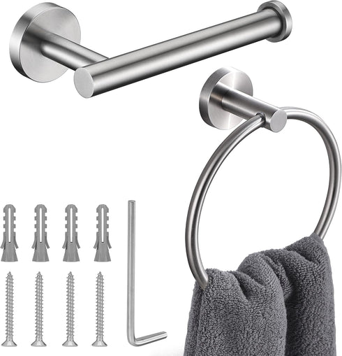 Brushed Nickel Toilet Paper Holder and Hand Towel Ring Set 2 Pieces Bathroom Hardware Accessories Set SUS 304 Stainless Steel Heavy Duty Wall Moun...