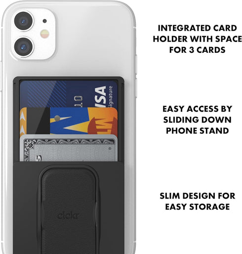 CLCKR Universal Grip Stand and Phone Wallet, Adhesive 3 Card Holder with Finger Grip, Portrait and Landscape Stand Function, Compatible with iPhon...
