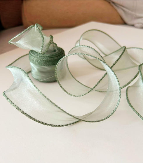 Moss/Sage Green Wired Chiffon Ribbon 1-1/2 Inch Wide 10 Yards Sheer Wired Organza Ribbon for Floral Decor Table Arrangements Apparel Embellishment...