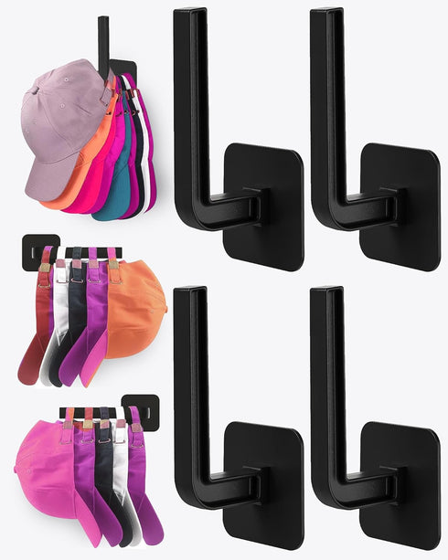 Hat Rack for Hat Storage (4-Pack), Multi-Purpose Hat Organizer, Strong Adhesive Hat Hooks for Wall Hat Organizer for Baseball Caps, Two Mounting O...