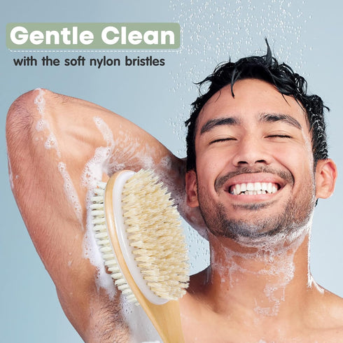 Body Scrubber with Soft and Stiff Natural Bristles, Dual-Sided Long Handle Shower Brush,Back Scrubber,Body Exfoliator for Bath or Dry Brush,Bath B...