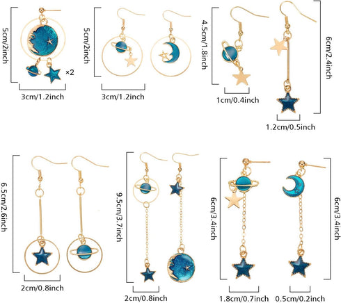 12 Pairs Moon Star Alloy Dangle Earth Planet Asymmetrical Drop Astronaut Stud Earrings Jewelry for Women Girls...