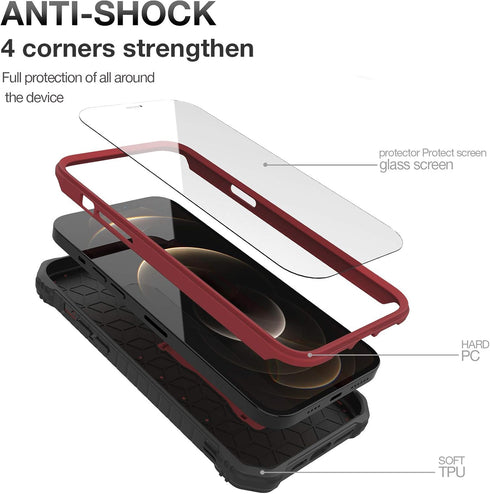 DUOPAL for Apple iPhone 12 Case, Military Grade Protection Shockproof Case with Tempered Glass HD Screen Protector and Kickstand Compatible with A...