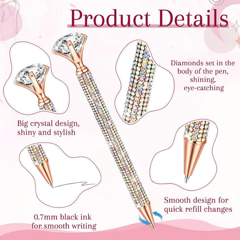 12 Pcs Big Diamond Pens with Crystal Bling Rhinestone Pen Metal Diamond Ballpoint Pens Black Rhinestone Ink Pens for Women Wedding Bridal Shower f...