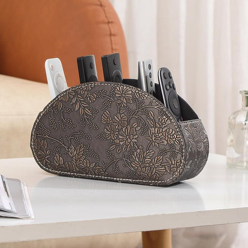 TV Remote Holder, PU Leather TV Remote Holder For Table with 5 Compartments, Office Desk Organizer for Pen, Pencil, Stationary, Brown PH89...