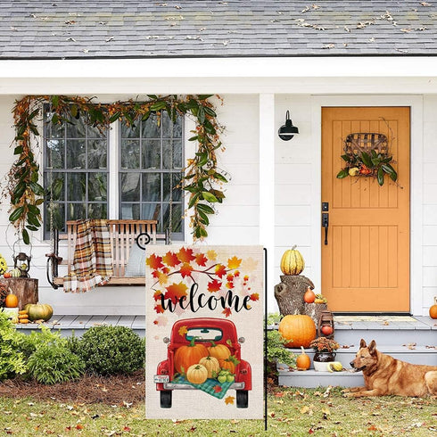 Fall Welcome Garden Flags for Outside,Truck with Pumpkins Maple Leaves,Harvest Decorative Farmhouse Flag for Patch,12.5 x 18 Inch Double Sided,Sma...