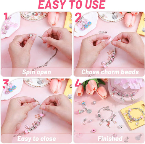 Flasoo DIY Charm Bracelet Making Kit, Jewelry Kit with Unicorn Mermaid Pink Stuff Craft Gifts for Birthday, Christmas, New Year...