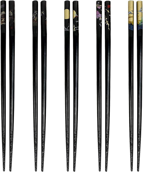 JapanBargain, 5-Pair Black Bamboo Chopsticks Set with Traditional Japanese Crane Moon Sakura Design, Reusable Wooden Chop Sticks, Dishwasher Safe,...