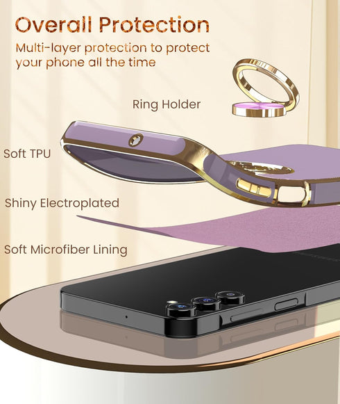 Dretal for Samsung Galaxy A15 5G Case, Screen Protector, 360° Rotatable Ring Holder Magnetic Kickstand,Plated Gold Edge Slim Soft TPU Protective P...