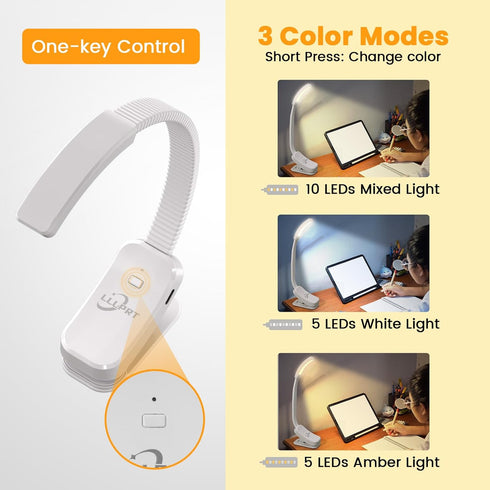 Clamp Table Lamp, 10 LEDs USB Rechargeable Clip on Book Light for Bed Reading with 3 Lighting Colors, Stepless Dimming, 120 Hours Runtime, 360° Fl...