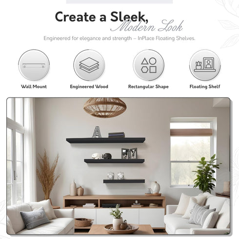 InPlace Durable Shelf with Invisible Brackets - Easy to Install & Remove, Deep Floating Shelves for Wall - MDF Wall Shelf for Living Room & Bedroo...