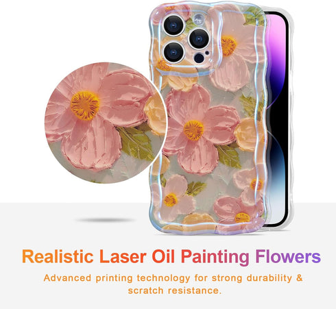 EYZUTAK Case for iPhone 14 Pro Max, Colorful Retro Oil Painting Printed Flower Laser Glossy Pattern Cute Curly Wave Edge Exquisite Stylish Durable...