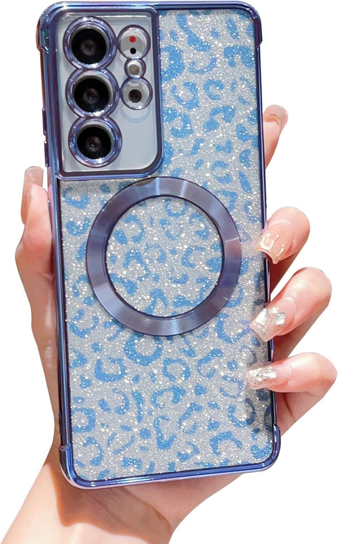for Samsung Galaxy S21 Ultra Case Compatible with MagSafe Cute Leopard Glitter Magnetic Phone Case Luxury Plating Clear Camera Cover Shockproof So...