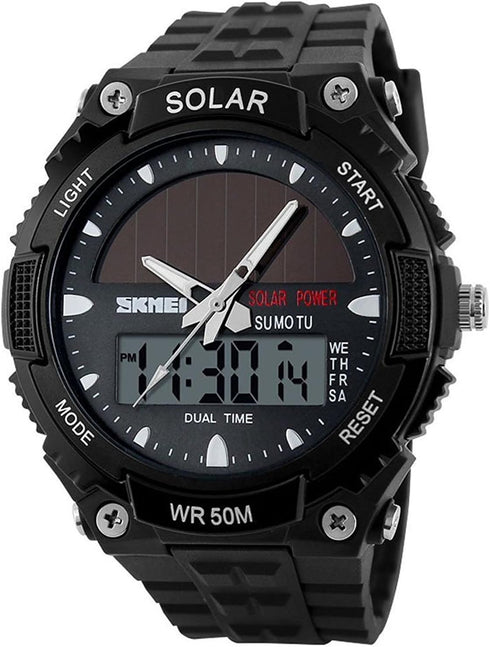 FANMIS Men's Solar Powered Casual Quartz Wrist Watch Analog Digital Multifunctional Black Sports Watch...