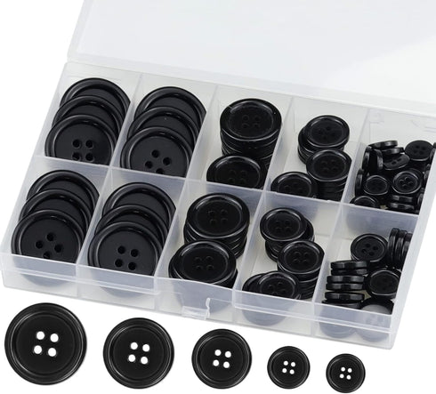 100 Pcs Black Resin Sewing Buttons, 4-Hole Craft Suit Coat Shirt Buttons, 5 Sizes, Round Mixed, with Compartment Storage Box, Suitable for Sewing,...