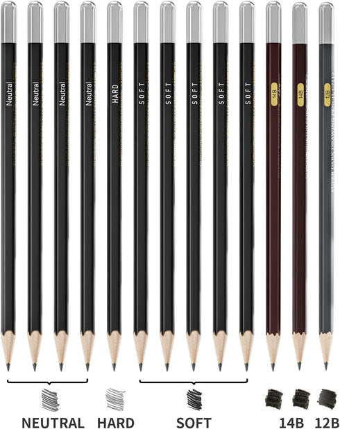 Professional Charcoal Pencils Drawing Set - 13 Pieces Neutral, HARD, SOFT, 14B, 12B Charcoal Pencils for Drawing, Sketching, Shading, Artist Penci...