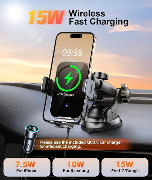 Wireless Car Charger Mount Auto Clamping, 15W Fast Charging Car Phone Holder Charger for Dash Windshield Vent Compatible with iPhone 15 14 13 12 P...