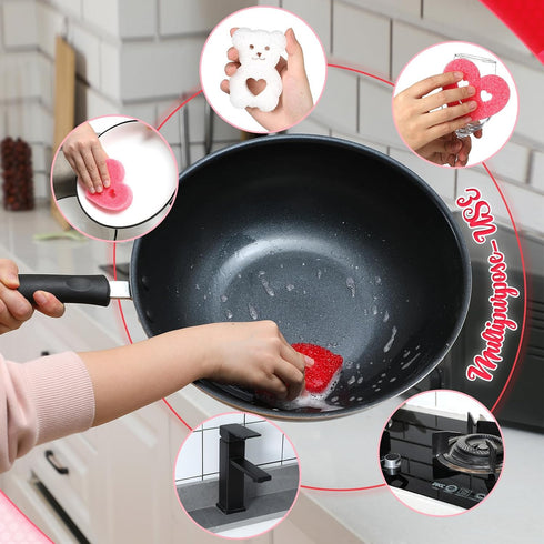 12 Pcs Valentine's Day Cleaning Sponges Cute Kitchen Scrub Sponges Heart Lip Bear Rose Sponge Temperature Sensitive Non Scratch Household Cleaning...