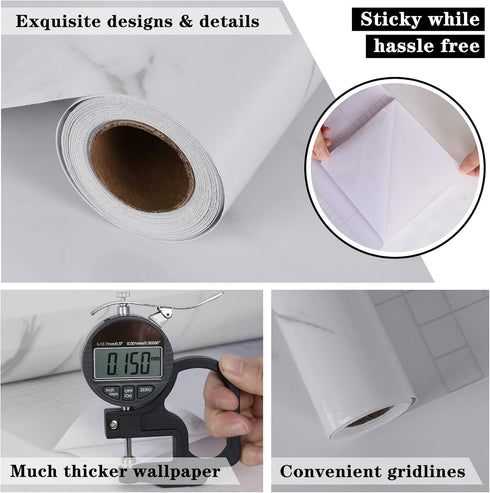 TORC White Marble Wallpaper Peel and Stick 17.1" x 120", Self Adhensive Faux Marble Contact Paper for Countertop Table Furniture...