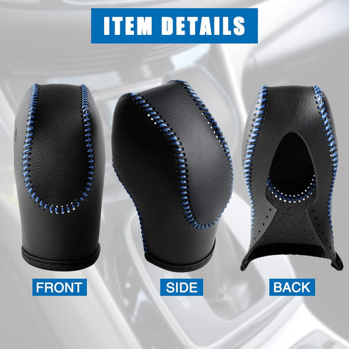 Leather Gear Shift Knob Cover Compatible with Ford Focus? Escape? Fusion? C-Max Energi Wagon? Transit ? Fiesta 2012-2019 Black Leather with Blue S...