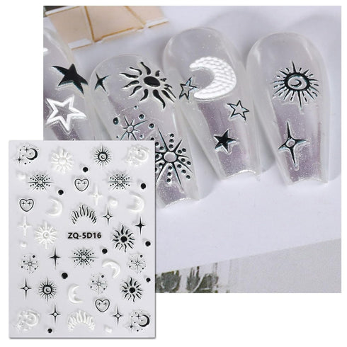 JMEOWIO 3D Embossed Moon Star Sun Nail Art Stickers Decals Self-Adhesive Pegatinas Uñas 5D Black White Heart Nail Supplies Nail Art Design Decorat...