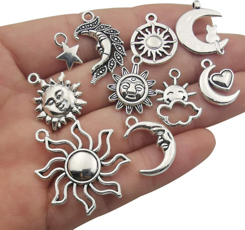 100g(80pcs) Craft Supplies Mixed Antique Silver Sun Moon Stars Charms Pendants for Crafting, Jewelry Findings Making Accessory for DIY Necklace Br...