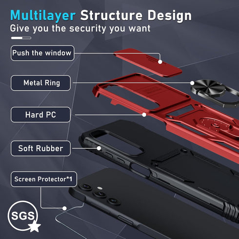 Janmitta for Samsung Galaxy A15 5G Case Built in Slide Camera Lens Cover+Screen Protector+Finger Ring Holder Kickstand,Heavy Duty Shockproof Full ...