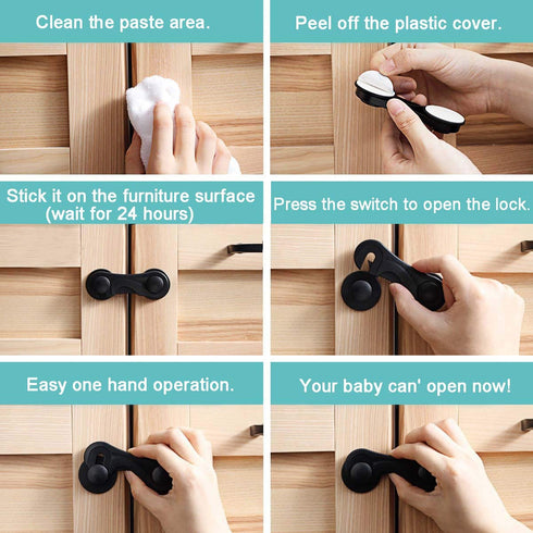 Child Safety Cabinet Locks (10 Pack) - Baby Proofing Latches Lock for Drawers, Toilet Seat, Fridge, Oven with 10 Extra 3M Adhesives (Black)...