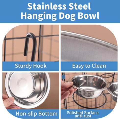 Anti-Slip Dog Bowls, 2 Pack Stainless Steel Dog Bowl Hanging on Cage, Pet Water and Food Bowls for Cats and Dogs, Dry and Wet Foods, with Non-Slip...