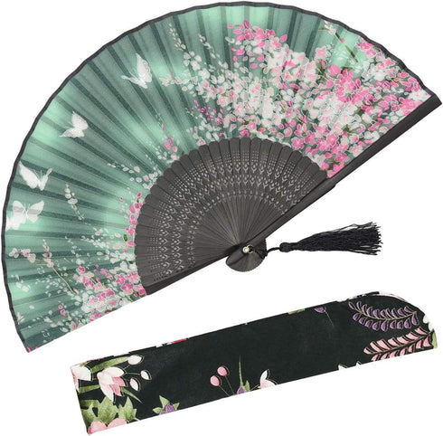 OMyTea® Women Hand Held Silk Folding Fan with Bamboo Frame - with a Fabric Sleeve for Protection for Gifts - Sakura Cherry Blossom Pattern (WZS-2)...