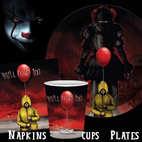 Silver Buffalo IT Pennywise the Clown 60 Pack Partyware Disposable Paper Plates, Napkins, and Cups...