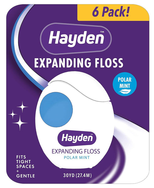 Hayden Expanding Dental Floss. Expands To Clean Between Tight Teeth. 6 Pack Value. Fresh Feeling Polar Mint Woven Floss. Anti Tartar Actives for G...
