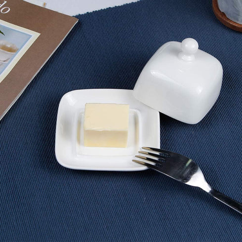 NAGU Mini Square Butter Dish with Lid, White Procelain Domed Cheese Dish with Handle Individual Serving Small Butter Tray, Cute Ceramic Dessert Se...