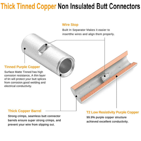 22-18 Gauge Copper Butt Connectors 100 PCS 22-18 AWG Butt Splice Connectors 0.75 mm² Wire Uninsulated Crimp Butt Connectors Pure Copper Tin Coated...