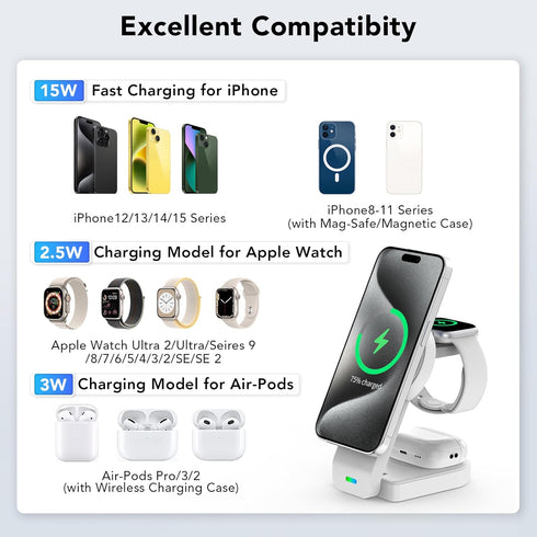 3 in 1 Wireless Charging Station Compatible with Apple Devices,Foldable Magnetic Wireless Charger for iPhone 15/14/13/12,Apple Watch Ultra 2/Ultra...