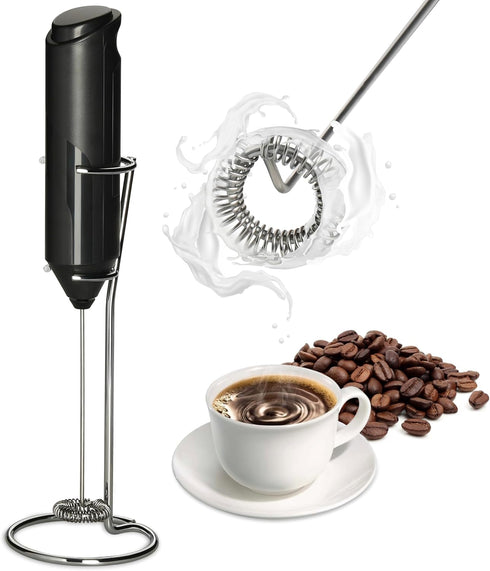 Milk Frother Handheld with Stainless Steel Stand, Battery Operated Whisk Maker Hand Drink Mixer for Coffee, Lattes, Cappuccino, Matcha, Black...