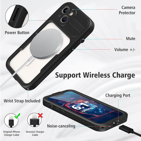 iPhone 14 Waterproof Case, IP68 Full-Body Rugged Protective Shockproof Cover with Clean Sound, Compatible with Support MagSafe Magnetic Wireless C...
