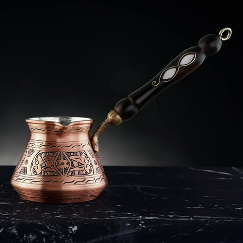 BCS 12 Oz Copper Turkish Greek Arabic Coffee Pot with Wooden Handle (4 servings) Cezve Ibrik Briki Stovetop Coffee Maker (Includes Wooden Spoon)...